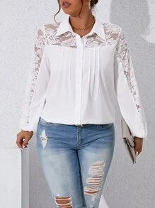 Flirla Plus Contrast Lace Fold Pleated Detail Shirt - White - View 1