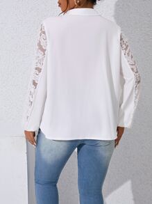 Flirla Plus Contrast Lace Fold Pleated Detail Shirt - White - View 2