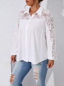 Flirla Plus Contrast Lace Fold Pleated Detail Shirt - White - View 3