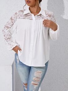 Flirla Plus Contrast Lace Fold Pleated Detail Shirt - White - View 4