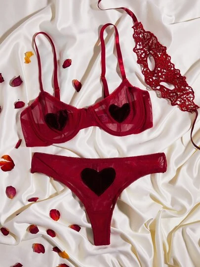 愛心圖案網紗鋼圈內衣套裝和眼罩