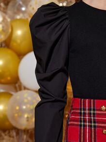 SHEIN 女孩羊腿袖上衣和蘇格蘭格紋裙子套裝