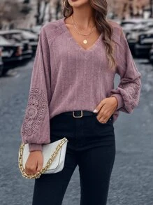 SHEIN Clasi Contrast Guipure Lace Raglan Sleeve Tee - Mauve Purple - View 1