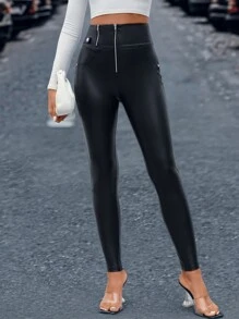 SHEIN Privé Zip Up PU Leather Skinny Trousers - Black - View 3