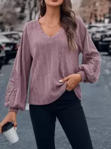 SHEIN Clasi Contrast Guipure Lace Raglan Sleeve Tee - Mauve Purple - View 5