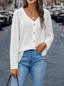 SHEIN LUNE Camiseta de hombros caídos tejido waffle - Blanco - Ver 1