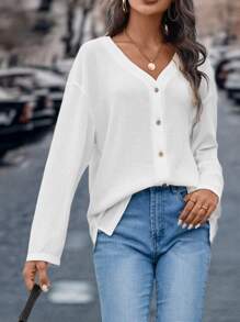 SHEIN LUNE Camiseta de hombros caídos tejido waffle - Blanco - Ver 3