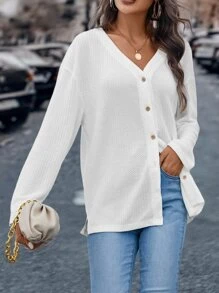 SHEIN LUNE Camiseta de hombros caídos tejido waffle - Blanco - Ver 5