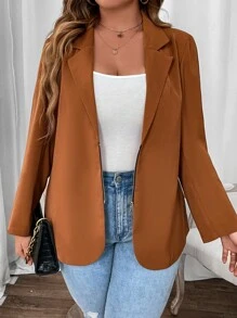 Calvaya Plus Lapel Neck Shoulder Pad Blazer - Brown - View 2