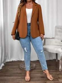 Calvaya Plus Lapel Neck Shoulder Pad Blazer - Brown - View 5