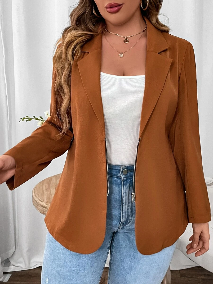 Calvaya Plus Lapel Neck Shoulder Pad Blazer - Brown - View 1