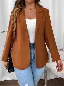 Calvaya Plus Lapel Neck Shoulder Pad Blazer - Brown - View 7