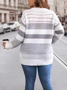 SHEIN LUNE Áo len Plus Size Sọc Giải trí - Màu Xám nhạt - Xem 2