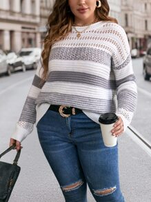 SHEIN LUNE Áo len Plus Size Sọc Giải trí - Màu Xám nhạt - Xem 5
