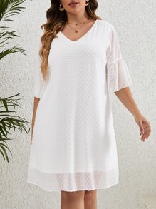SHEIN LUNE Plus Swiss Dot Flounce Sleeve Tunic Dress - White - View 1