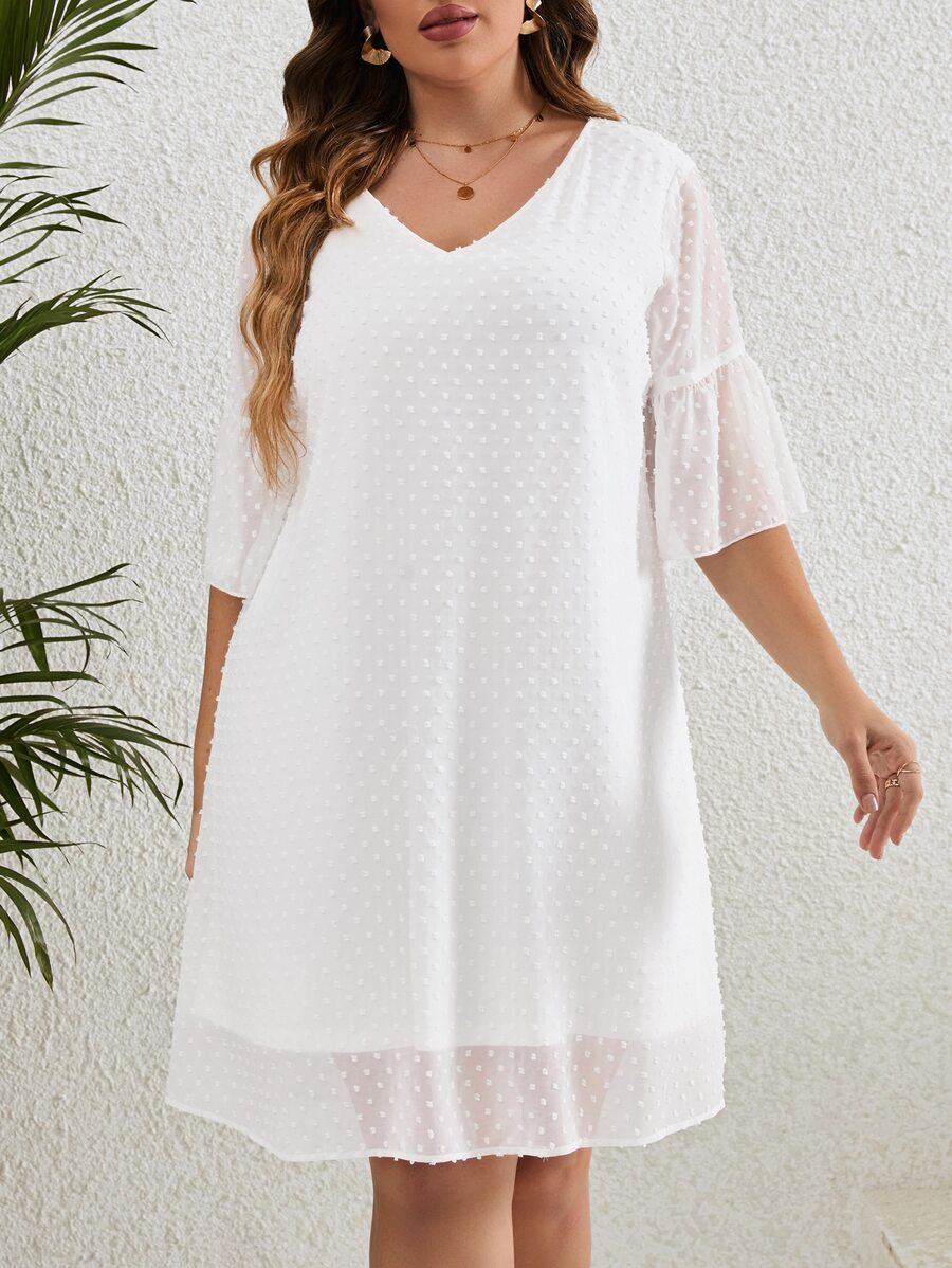 SHEIN LUNE Plus Swiss Dot Flounce Sleeve Tunic Dress - White - View 1