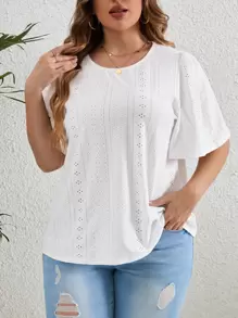 SHEIN LUNE Camiseta con bordado con ojal de manga mariposa - Blanco - Ver 1