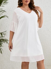 SHEIN LUNE Plus Swiss Dot Flounce Sleeve Tunic Dress - White - View 4