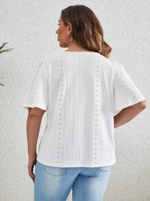 SHEIN LUNE Camiseta con bordado con ojal de manga mariposa - Blanco - Ver 2
