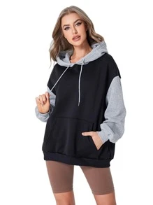 SHEIN EZwear Plus Size Drop Shoulder Two Tone Drawstring Sweatshirt Graduation,Back To School Outfits,Graduation,Teacher Outfits For Women,Back To School Winter Fall Autumn - Black - View 1