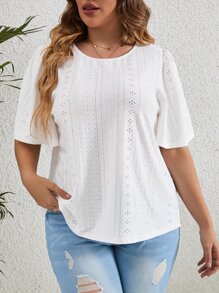 SHEIN LUNE Camiseta con bordado con ojal de manga mariposa - Blanco - Ver 3