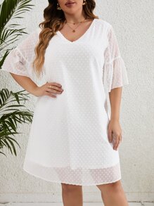 SHEIN LUNE Plus Swiss Dot Flounce Sleeve Tunic Dress - White - View 6