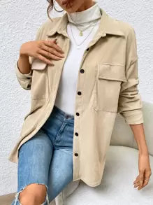 Muchica Drop Shoulder Flap Pocket Corduroy Coat - Apricot - View 1