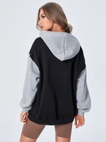 SHEIN EZwear Plus Size Drop Shoulder Two Tone Drawstring Sweatshirt Graduation,Back To School Outfits,Graduation,Teacher Outfits For Women,Back To School Winter Fall Autumn - Black - View 2