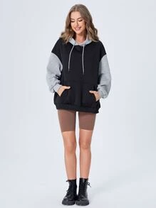 SHEIN EZwear Plus Size Drop Shoulder Two Tone Drawstring Sweatshirt Graduation,Back To School Outfits,Graduation,Teacher Outfits For Women,Back To School Winter Fall Autumn - Black - View 3
