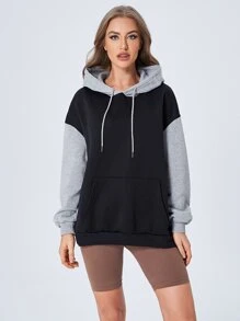 SHEIN EZwear Plus Size Drop Shoulder Two Tone Drawstring Sweatshirt Graduation,Back To School Outfits,Graduation,Teacher Outfits For Women,Back To School Winter Fall Autumn - Black - View 4