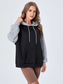 SHEIN EZwear Plus Size Drop Shoulder Two Tone Drawstring Sweatshirt Graduation,Back To School Outfits,Graduation,Teacher Outfits For Women,Back To School Winter Fall Autumn - Black - View 5
