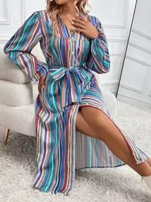 SHEIN Unity Colorful Striped Print Belted Shirt Dress - Multicolor - View 1