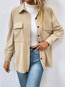 Muchica Drop Shoulder Flap Pocket Corduroy Coat - Apricot - View 4