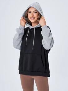 SHEIN EZwear Plus Size Drop Shoulder Two Tone Drawstring Sweatshirt Graduation,Back To School Outfits,Graduation,Teacher Outfits For Women,Back To School Winter Fall Autumn - Black - View 6