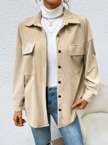 Muchica Drop Shoulder Flap Pocket Corduroy Coat - Apricot - View 5