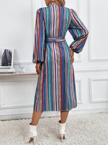 SHEIN Unity Colorful Striped Print Belted Shirt Dress - Multicolor - View 2
