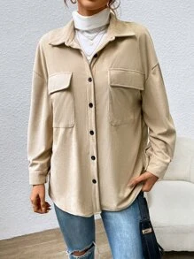 Muchica Drop Shoulder Flap Pocket Corduroy Coat - Apricot - View 6