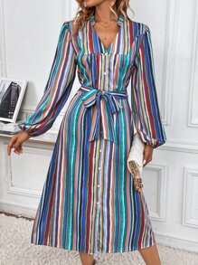 SHEIN Unity Colorful Striped Print Belted Shirt Dress - Multicolor - View 6