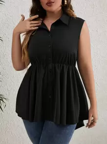 SHEIN LUNE 大碼前紐扣荷葉邊無袖襯衫 - 黑色 - 查看 1