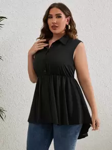 SHEIN LUNE 大碼前紐扣荷葉邊無袖襯衫 - 黑色 - 查看 5