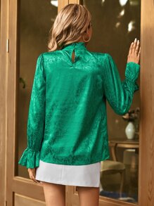 Blusa floral jacquard de manga con volante cuello de volante - Verde - Ver 2