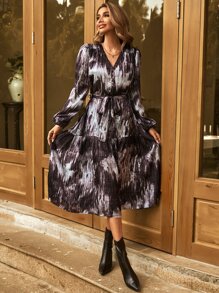 Allover Print Lantern Sleeve Ruffle Hem Belted Dress - Coffee Brown - View 6