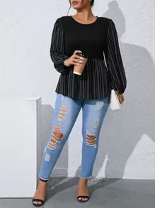 Calvaya Plus Striped & Geo Print Lantern Sleeve Peplum Hem Blouse - Black - View 1