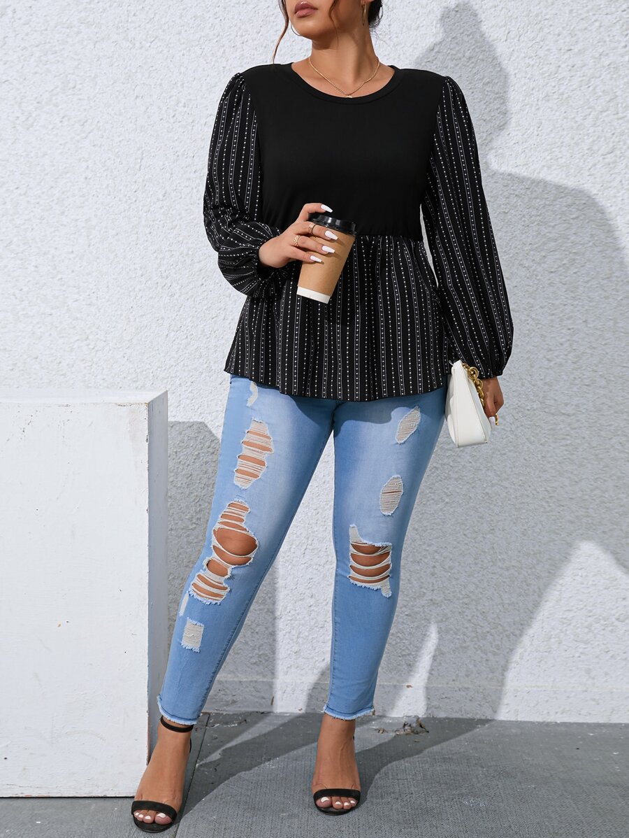 Calvaya Plus Striped & Geo Print Lantern Sleeve Peplum Hem Blouse - Black - View 1