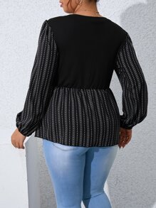 Calvaya Plus Striped & Geo Print Lantern Sleeve Peplum Hem Blouse - Black - View 2
