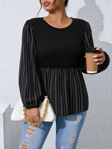 Calvaya Plus Striped & Geo Print Lantern Sleeve Peplum Hem Blouse - Black - View 3
