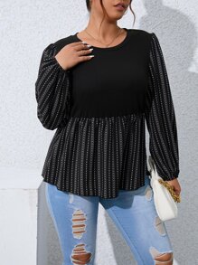 Calvaya Plus Striped & Geo Print Lantern Sleeve Peplum Hem Blouse - Black - View 5