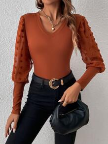 SHEIN Clasi 圓點燈籠袖V領上衣 - 棕色 - 查看 4