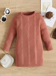 SHEIN Baby Solid Cable Knit Jumper Dress - Coral Pink - View 1