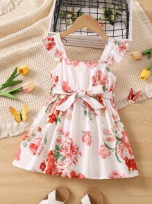 Toddler Girls Floral Print Ruffle Trim A Line Dress - White - View 1